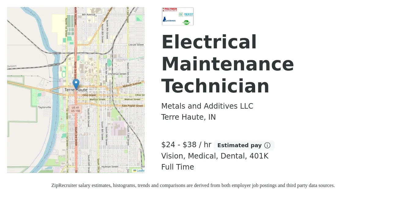 Metals and Additives LLC job posting for a Electrical Maintenance Technician in Terre Haute, IN with a salary of $25 to $40 Hourly and benefits including 401k, dental, life_insurance, medical, and vision with a map of Terre Haute location.