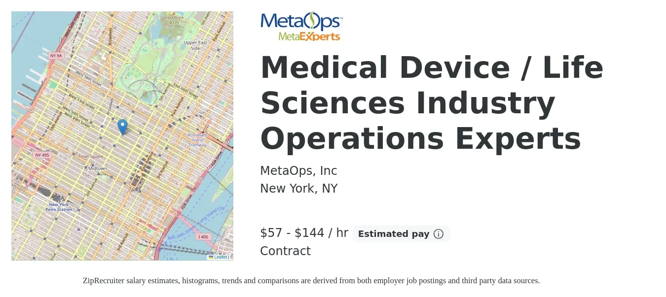 MetaOps, Inc job posting for a Medical Device / Life Sciences Industry Operations Experts in New York, NY with a salary of $60 to $150 Hourly with a map of New York location.