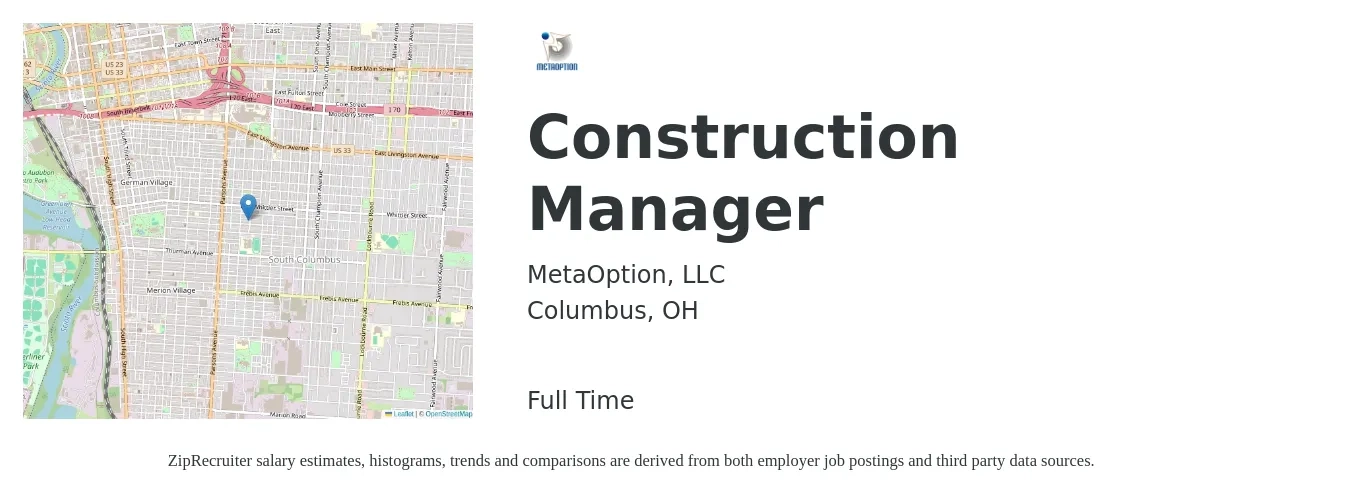 MetaOption, LLC job posting for a Construction Manager in Columbus, OH with a salary of $68,600 to $111,600 Yearly with a map of Columbus location.