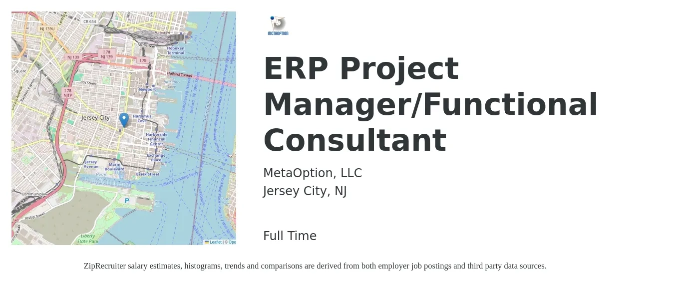 MetaOption, LLC job posting for a ERP Project Manager/Functional Consultant in Jersey City, NJ with a salary of $112,700 to $162,800 Yearly with a map of Jersey City location.
