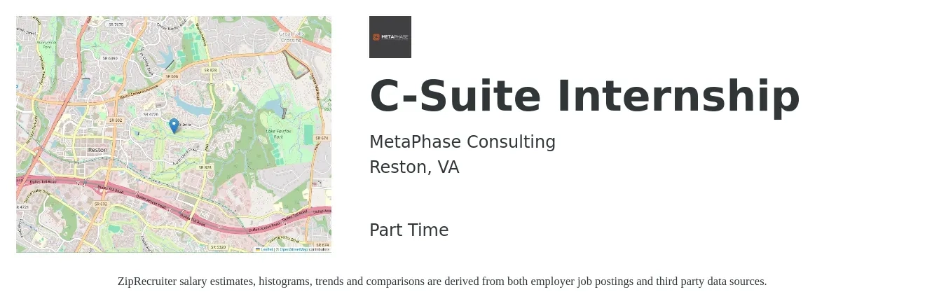 MetaPhase Consulting job posting for a C-Suite Internship in Reston, VA with a salary of $18 to $24 Hourly with a map of Reston location.