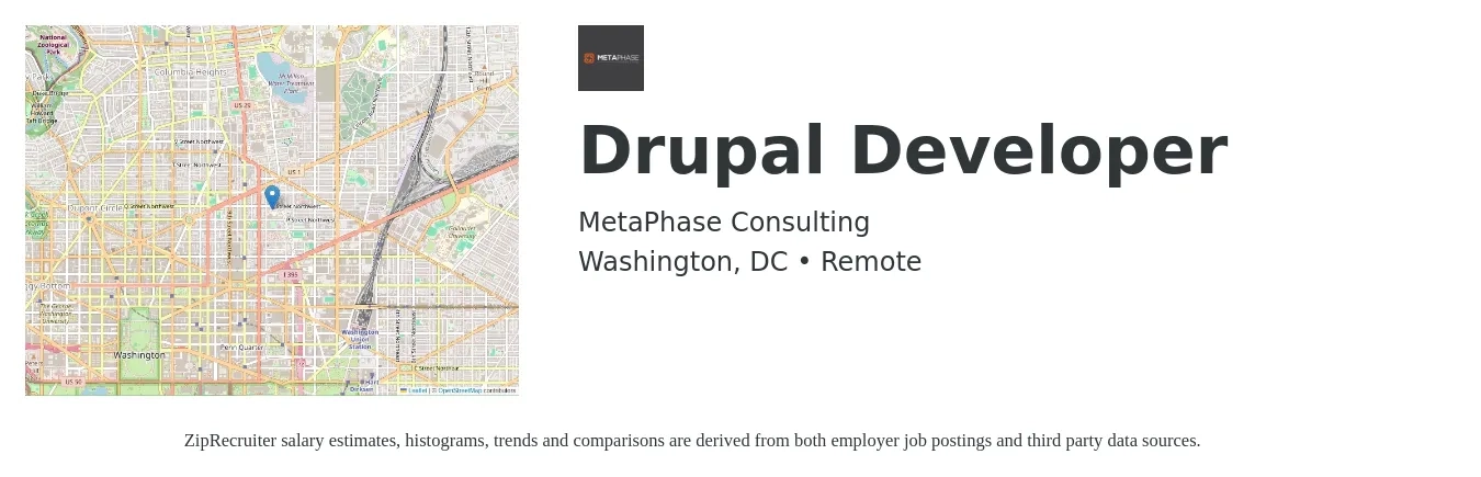 MetaPhase Consulting job posting for a Drupal Developer in Washington, DC with a salary of $103,800 to $145,000 Yearly with a map of Washington location.