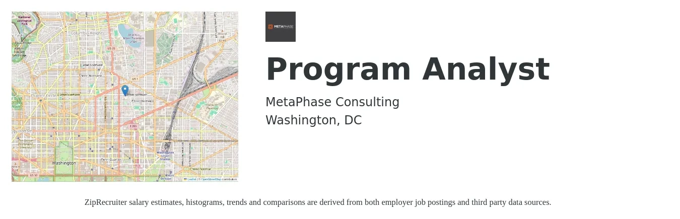 MetaPhase Consulting job posting for a Program Analyst in Washington, DC with a salary of $78,100 to $131,400 Yearly with a map of Washington location.