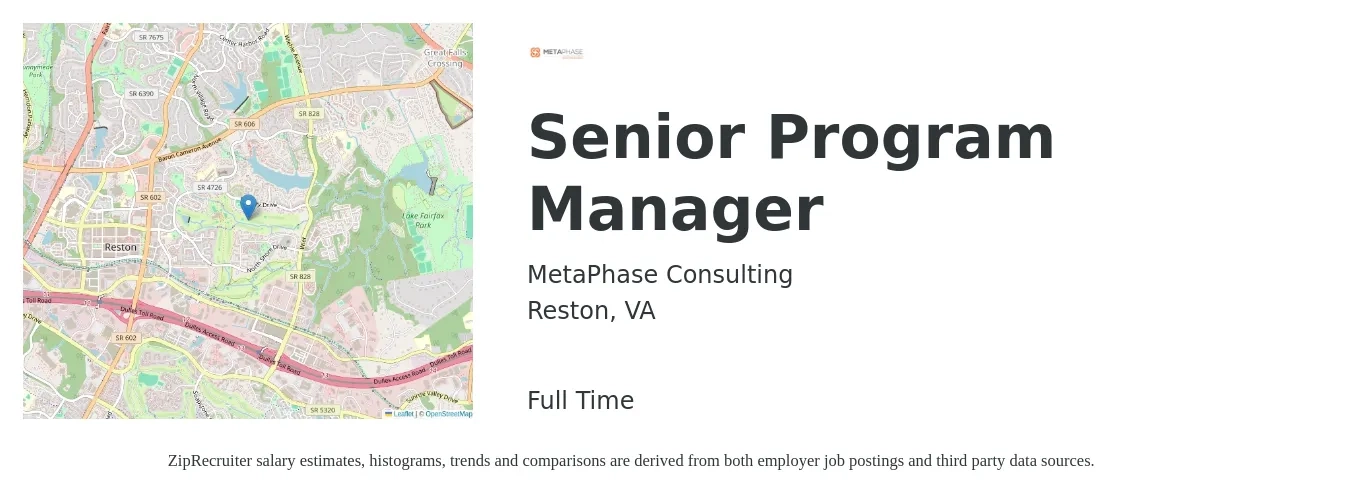 MetaPhase Consulting job posting for a Senior Program Manager in Reston, VA with a salary of $120,900 to $121,400 Yearly with a map of Reston location.