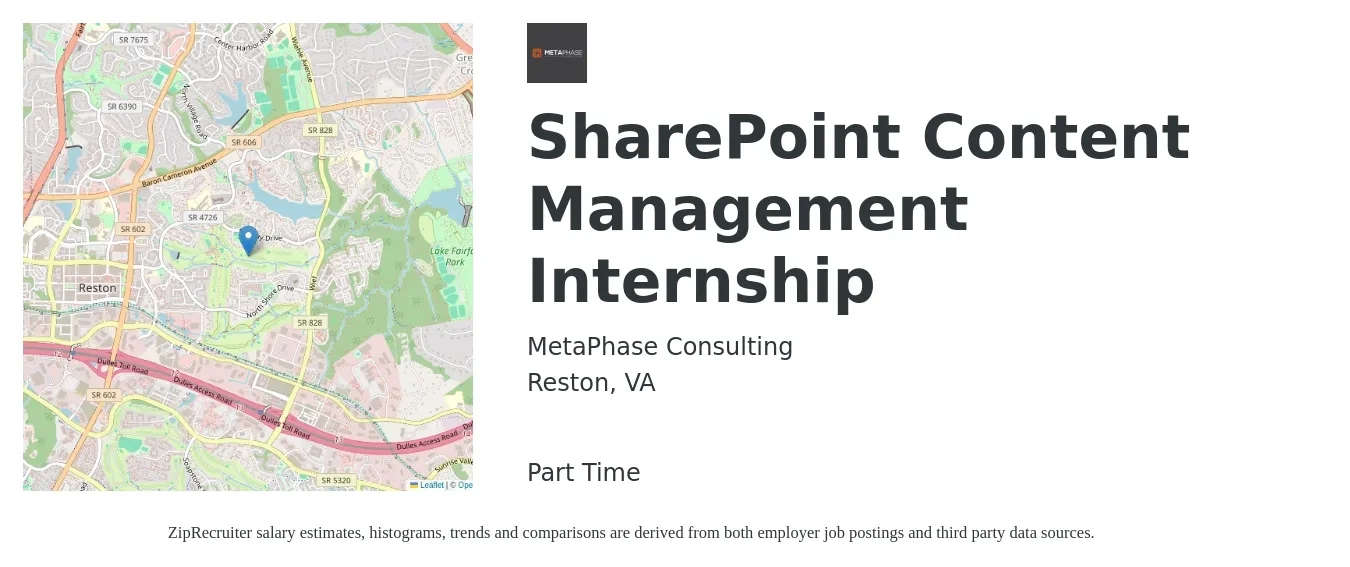 MetaPhase Consulting job posting for a SharePoint Content Management Internship in Reston, VA with a salary of $51 to $67 Hourly with a map of Reston location.