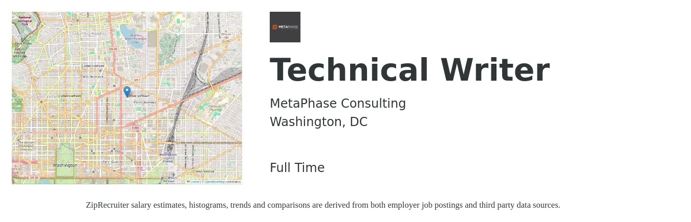 MetaPhase Consulting job posting for a Technical Writer in Washington, DC with a salary of $34 to $55 Hourly with a map of Washington location.