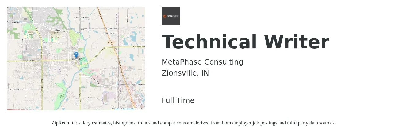 MetaPhase Consulting job posting for a Technical Writer in Zionsville, IN with a salary of $29 to $48 Hourly with a map of Zionsville location.