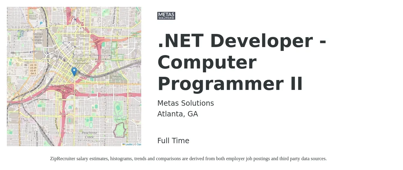 Metas Solutions job posting for a .NET Developer - Computer Programmer II in Atlanta, GA with a salary of $104,000 to $154,000 Yearly with a map of Atlanta location.