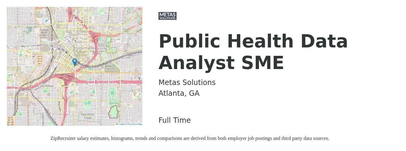 Metas Solutions job posting for a Public Health Data Analyst SME in Atlanta, GA with a salary of $61,300 to $95,200 Yearly with a map of Atlanta location.