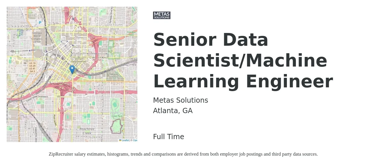 Metas Solutions job posting for a Senior Data Scientist/Machine Learning Engineer in Atlanta, GA with a salary of $116,200 to $163,300 Yearly with a map of Atlanta location.