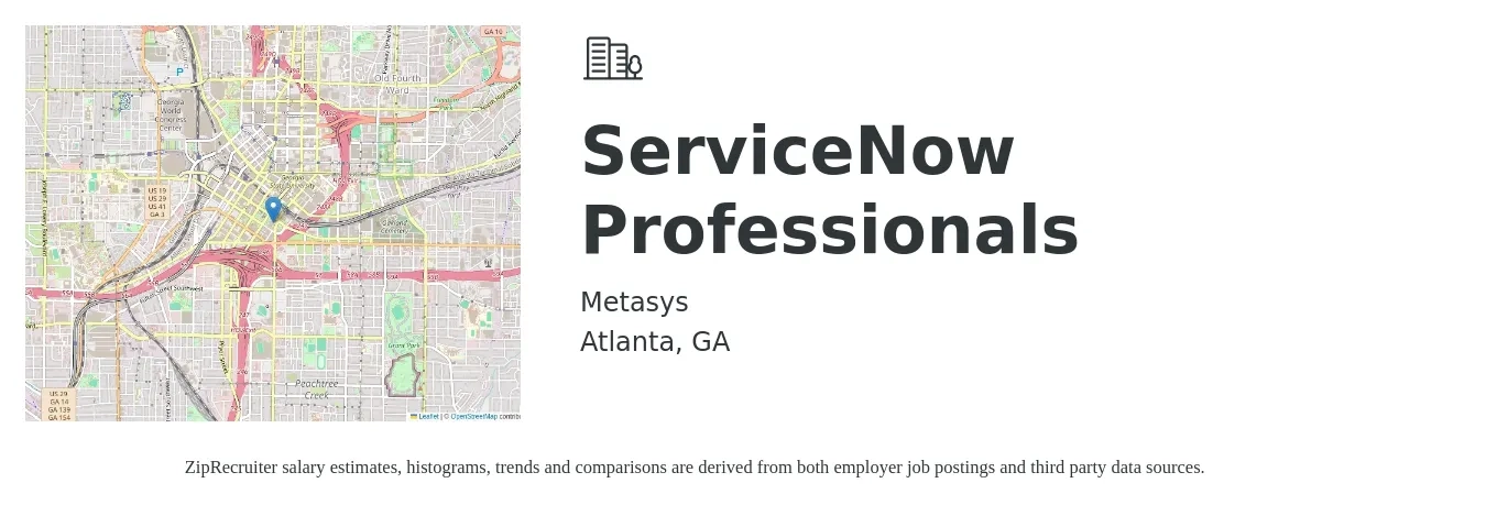 Metasys job posting for a ServiceNow Professionals in Atlanta, GA with a salary of $21 to $66 Hourly with a map of Atlanta location.