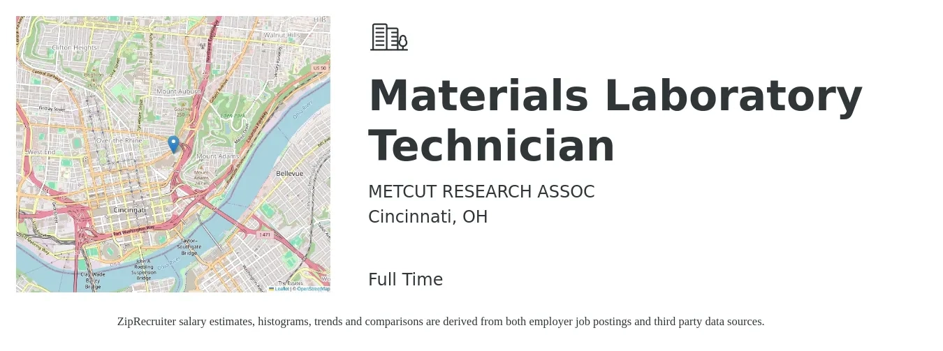 METCUT RESEARCH ASSOC job posting for a Materials Laboratory Technician in Cincinnati, OH with a salary of $18 to $24 Hourly with a map of Cincinnati location.