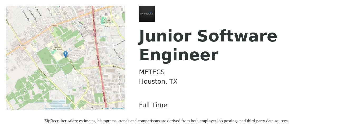 METECS job posting for a Junior Software Engineer in Houston, TX with a salary of $62,700 to $82,100 Yearly with a map of Houston location.