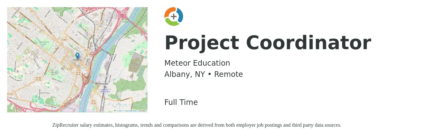 Meteor Education job posting for a Project Coordinator in Albany, NY with a salary of $23 to $34 Hourly with a map of Albany location.
