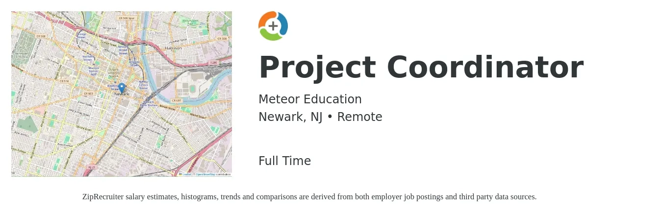 Meteor Education job posting for a Project Coordinator in Newark, NJ with a salary of $24 to $36 Hourly with a map of Newark location.