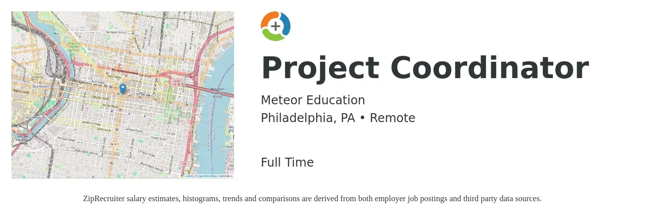 Meteor Education job posting for a Project Coordinator in Philadelphia, PA with a salary of $24 to $35 Hourly with a map of Philadelphia location.