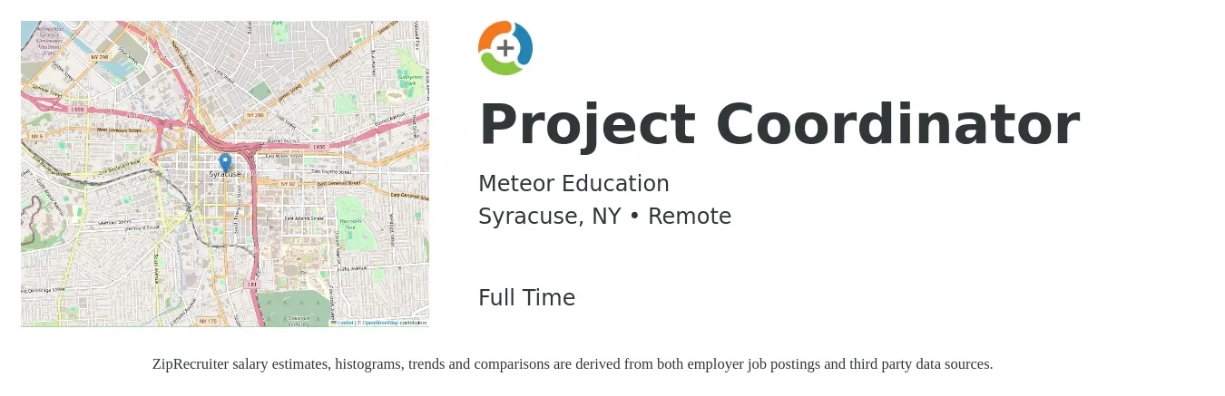 Meteor Education job posting for a Project Coordinator in Syracuse, NY with a salary of $23 to $34 Hourly with a map of Syracuse location.