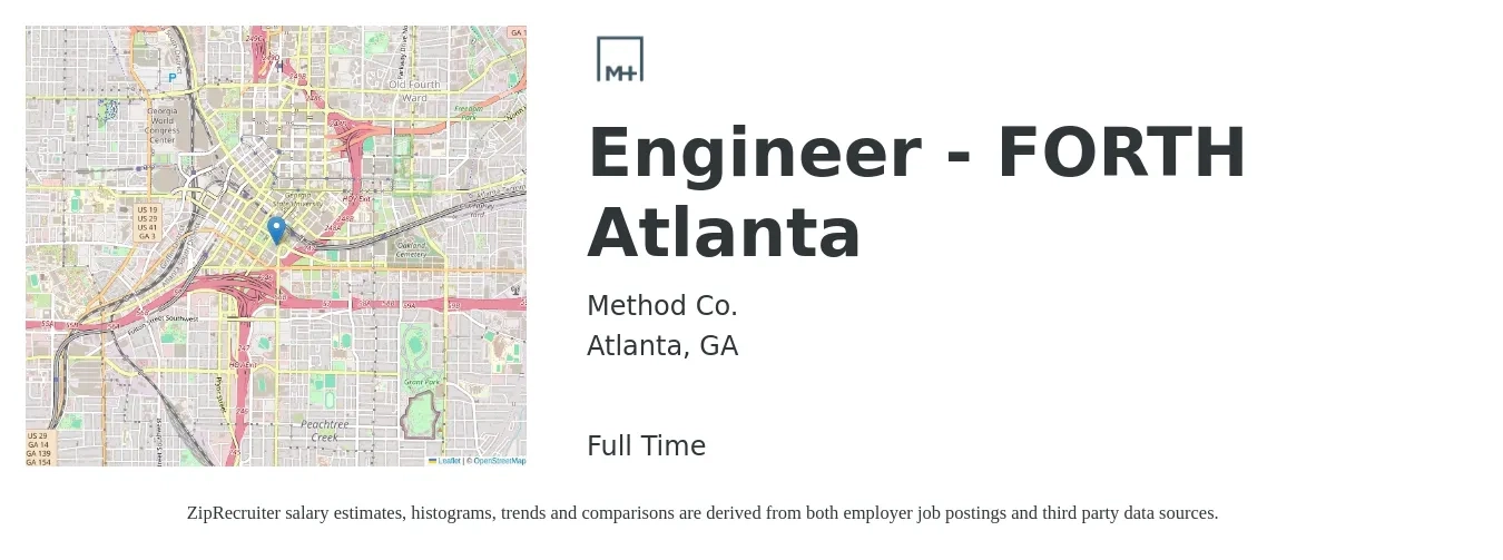 Method Co. job posting for a Engineer - FORTH Atlanta in Atlanta, GA with a salary of $77,000 to $103,900 Yearly with a map of Atlanta location.