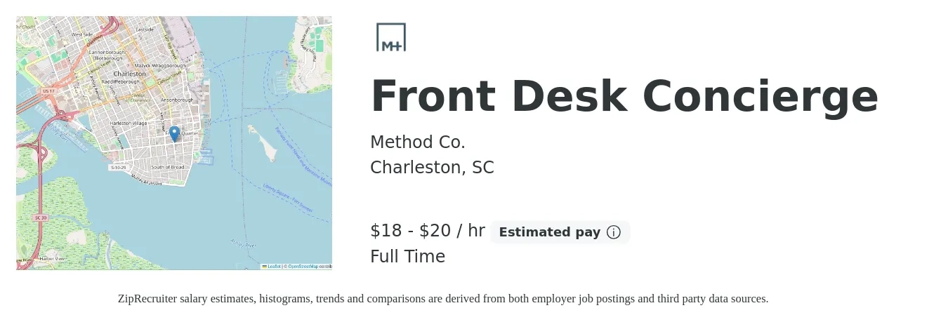 Method Co. job posting for a Front Desk Concierge in Charleston, SC with a salary of $19 to $21 Hourly with a map of Charleston location.