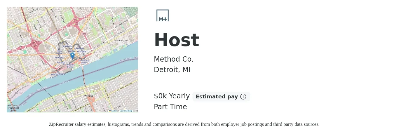 Method Co. job posting for a Host in Detroit, MI with a salary of $15 to $20 Yearly with a map of Detroit location.