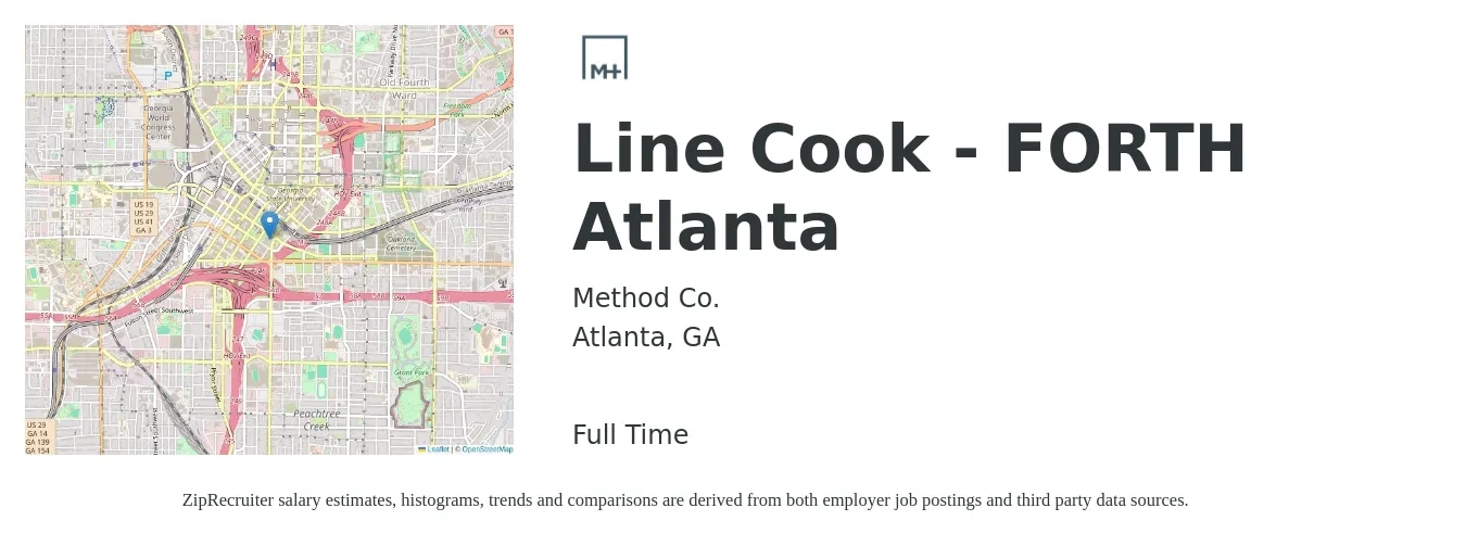 Method Co. job posting for a Line Cook - FORTH Atlanta in Atlanta, GA with a salary of $15 to $19 Hourly with a map of Atlanta location.