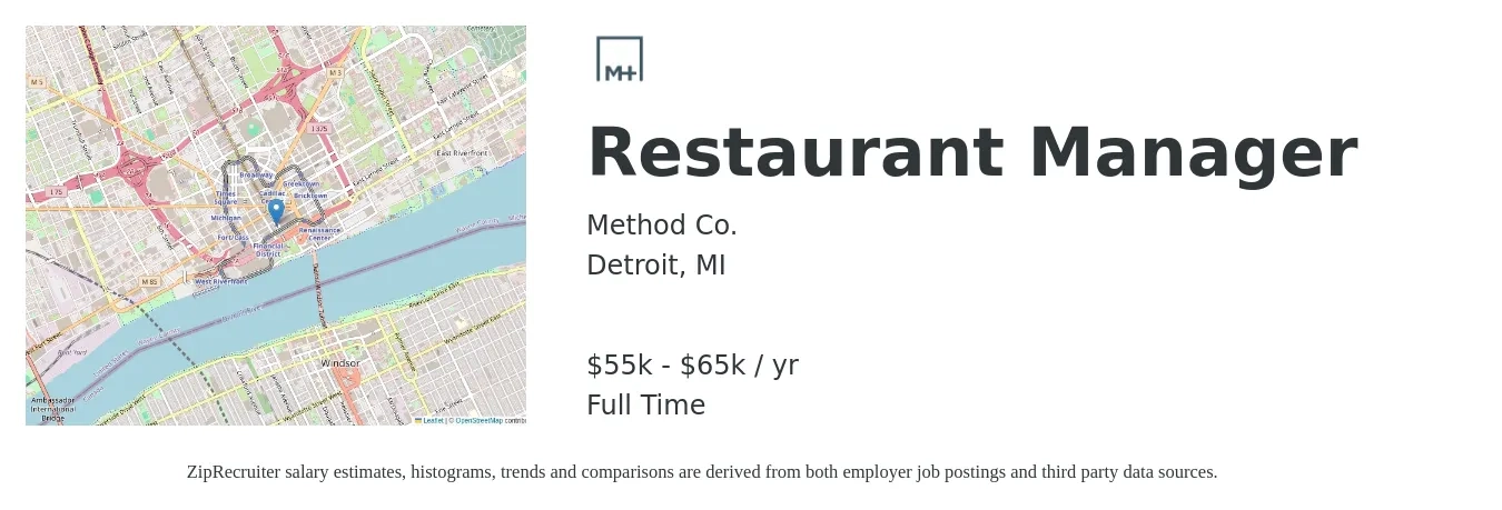 Method Co. job posting for a Restaurant Manager in Detroit, MI with a salary of $55,000 to $65,000 Yearly with a map of Detroit location.