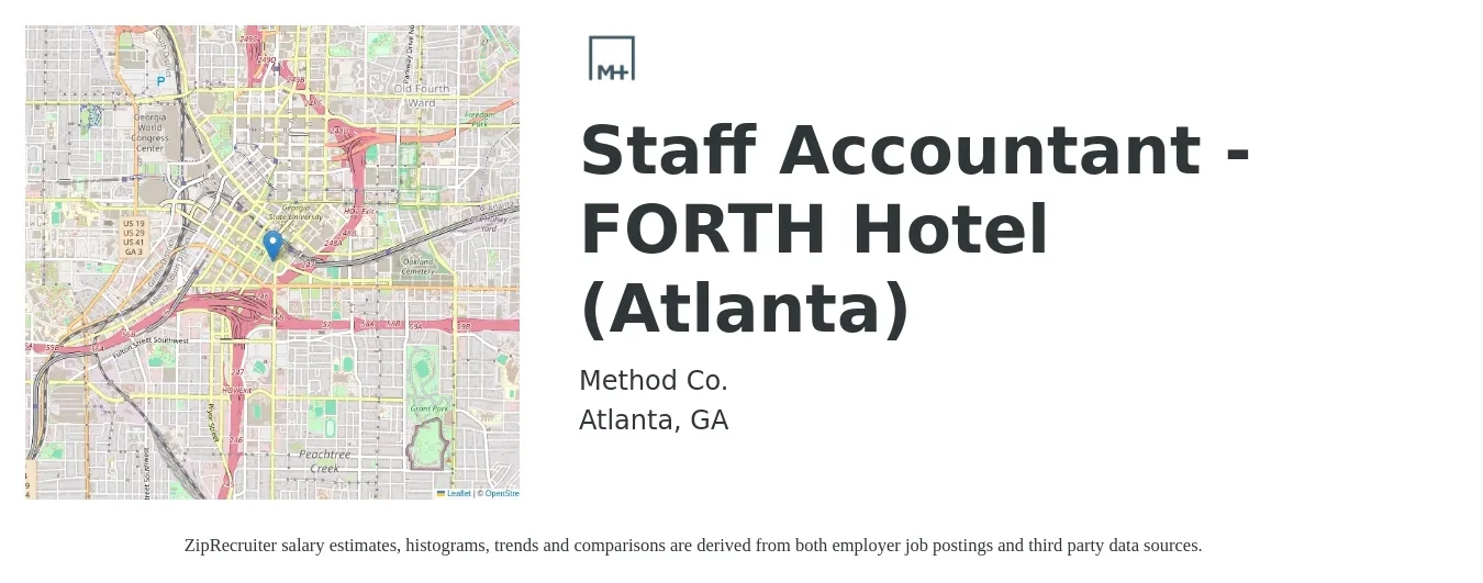 Method Co. job posting for a Staff Accountant - FORTH Hotel (Atlanta) in Atlanta, GA with a salary of $52,900 to $69,800 Yearly with a map of Atlanta location.