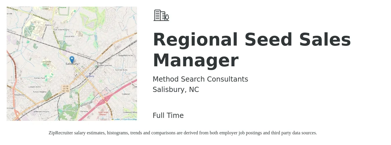 Method Search Consultants job posting for a Regional Seed Sales Manager in Salisbury, NC with a salary of $70,000 to $95,000 Yearly with a map of Salisbury location.
