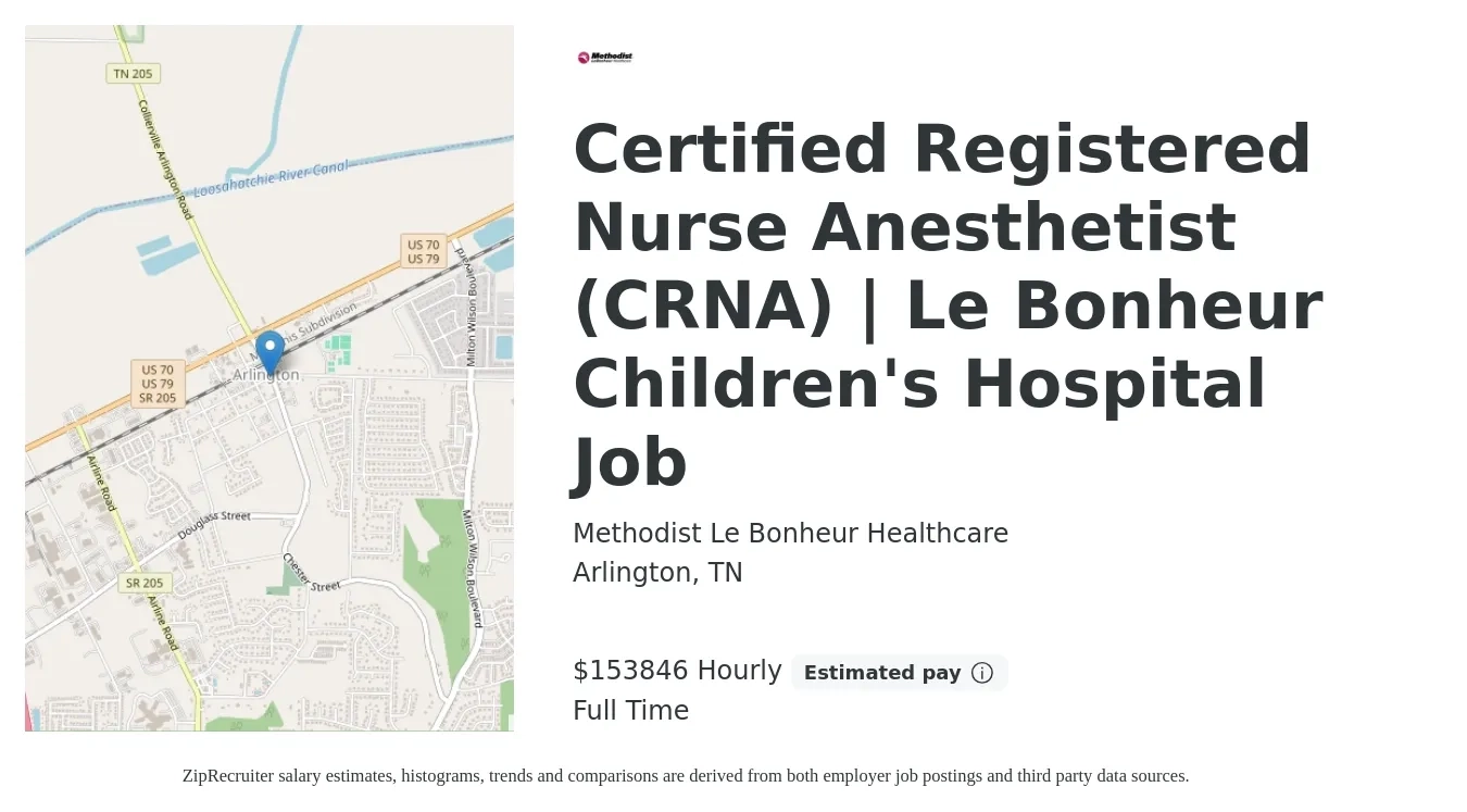 Methodist Le Bonheur Healthcare job posting for a Certified Registered Nurse Anesthetist (CRNA) | Le Bonheur Children's Hospital Job in Arlington, TN with a salary of $160,000 Hourly with a map of Arlington location.