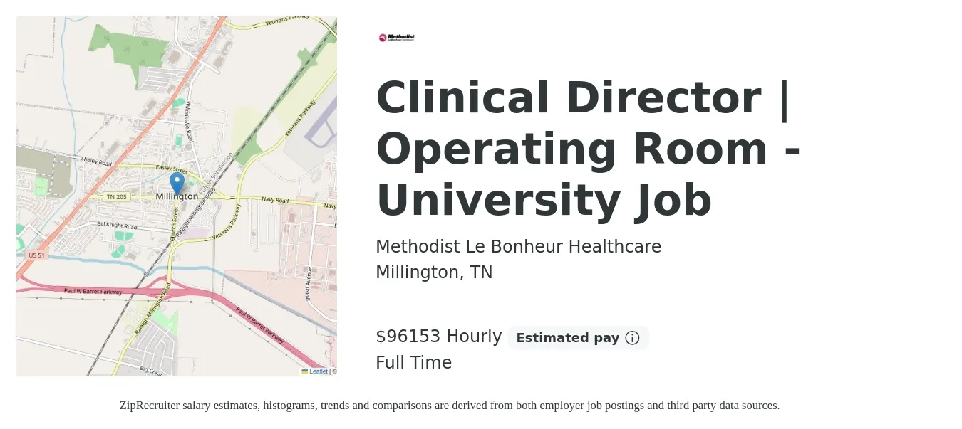 Methodist Le Bonheur Healthcare job posting for a Clinical Director | Operating Room - University Job in Millington, TN with a salary of $74,200 to $101,100 Yearly with a map of Millington location.