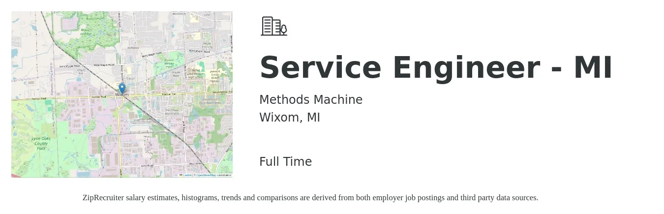 Methods Machine job posting for a Service Engineer - MI in Wixom, MI with a salary of $32 to $46 Hourly with a map of Wixom location.