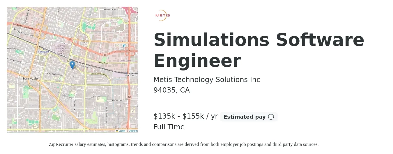 Metis Technology Solutions Inc job posting for a Simulations Software Engineer in 94035, CA with a salary of $135,000 to $155,000 Yearly with a map of 94035 location.