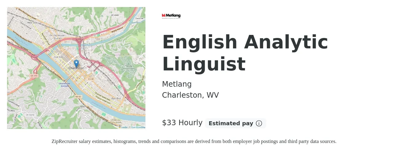 Metlang job posting for a English Analytic Linguist in Charleston, WV with a salary of $35 Hourly with a map of Charleston location.