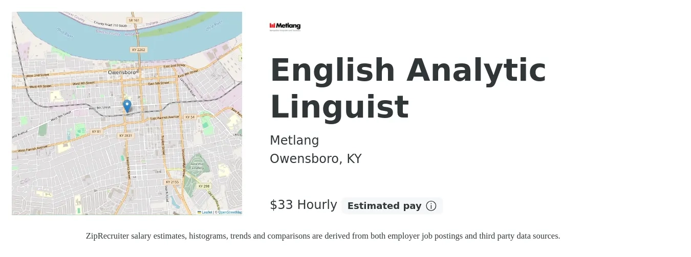 Metlang job posting for a English Analytic Linguist in Owensboro, KY with a salary of $35 Hourly with a map of Owensboro location.