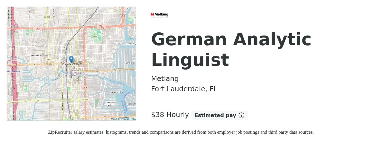 Metlang job posting for a German Analytic Linguist in Fort Lauderdale, FL with a salary of $40 Hourly with a map of Fort Lauderdale location.