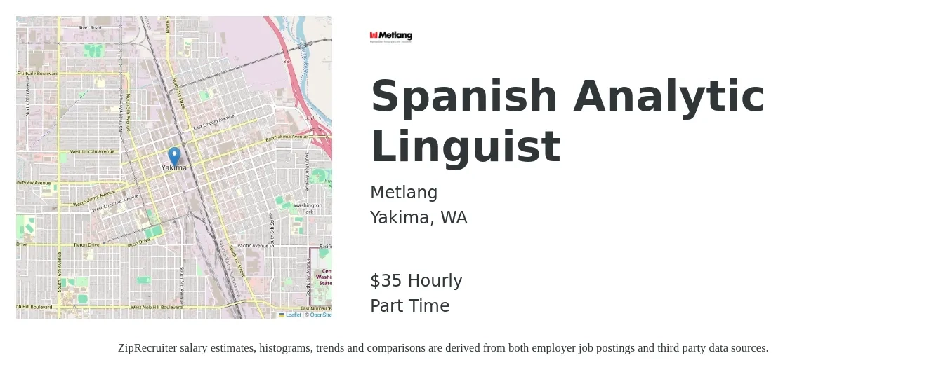 Metlang job posting for a Spanish Analytic Linguist in Yakima, WA with a salary of $37 Hourly with a map of Yakima location.