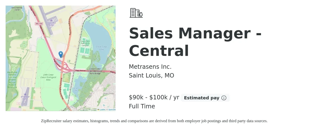 Metrasens Inc. job posting for a Sales Manager - Central in Saint Louis, MO with a salary of $90,000 to $100,000 Yearly with a map of Saint Louis location.
