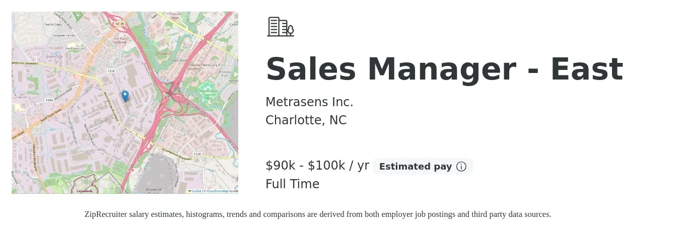 Metrasens Inc. job posting for a Sales Manager - East in Charlotte, NC with a salary of $90,000 to $100,000 Yearly with a map of Charlotte location.