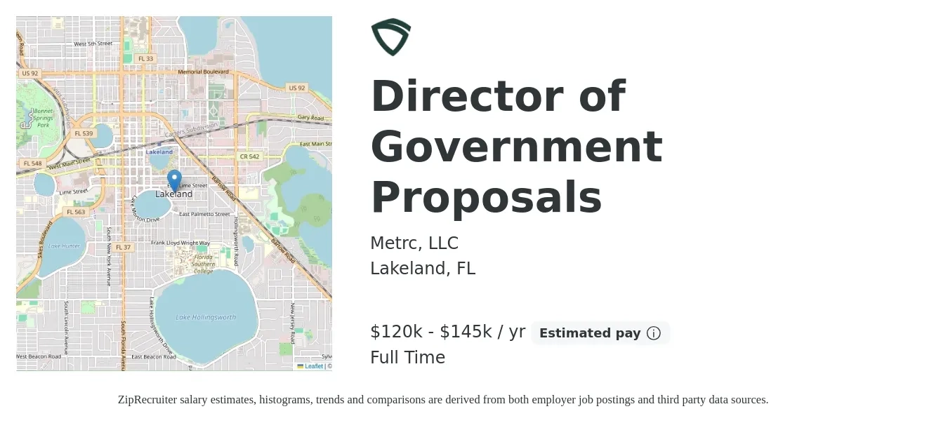 Metrc, LLC job posting for a Director of Government Proposals in Lakeland, FL with a salary of $120,000 to $145,000 Yearly with a map of Lakeland location.