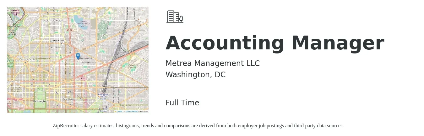 Metrea Management LLC job posting for a Accounting Manager in Washington, DC with a salary of $89,300 to $128,300 Yearly with a map of Washington location.