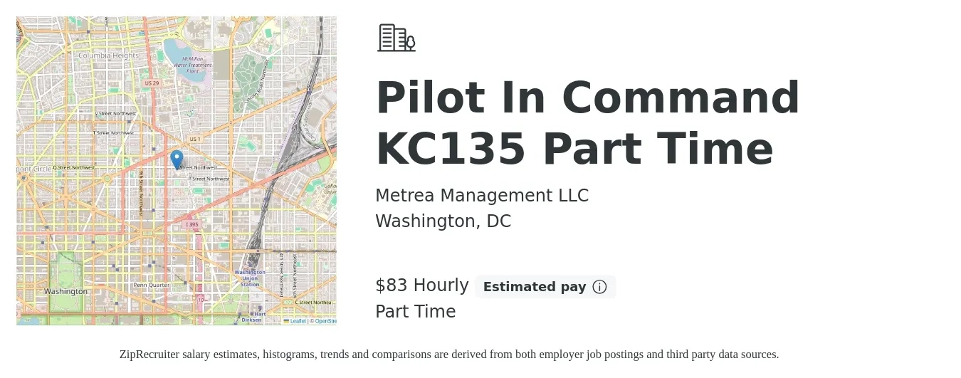 Metrea Management LLC job posting for a Pilot In Command KC135 Part Time in Washington, DC with a salary of $86 Hourly with a map of Washington location.