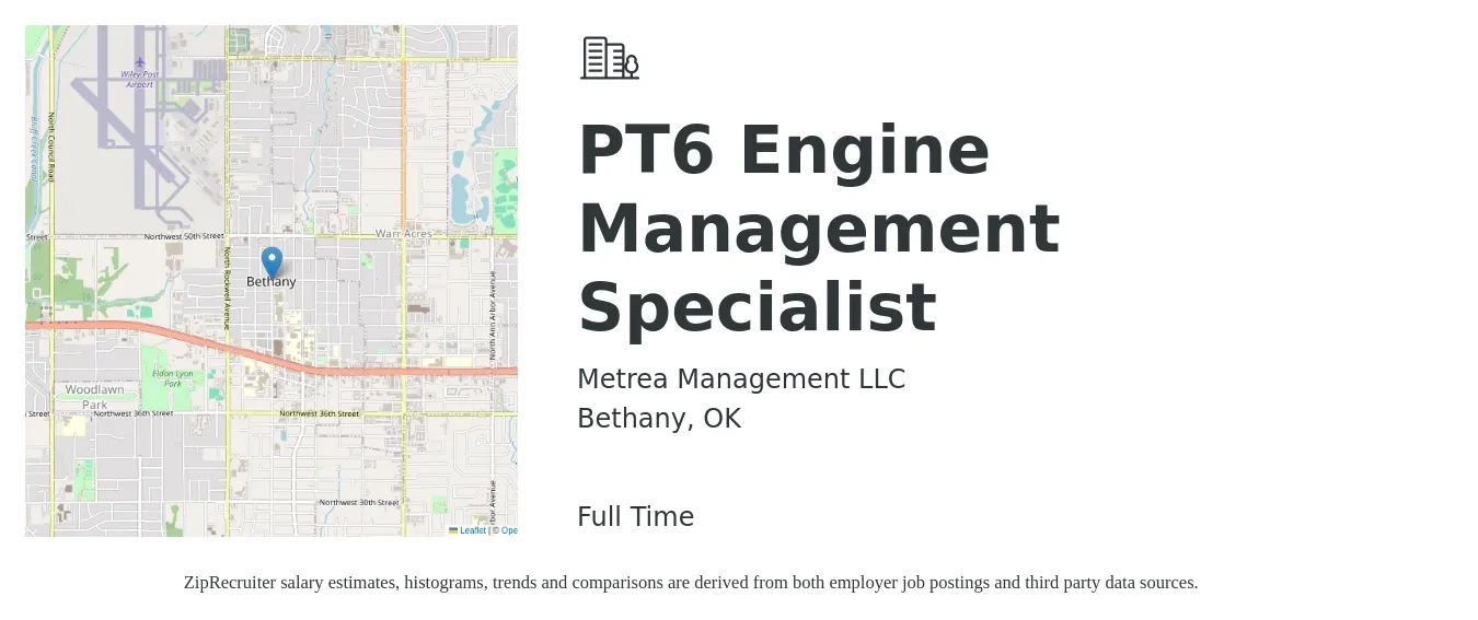 Metrea Management LLC job posting for a PT6 Engine Management Specialist in Bethany, OK with a salary of $27 to $34 Hourly with a map of Bethany location.