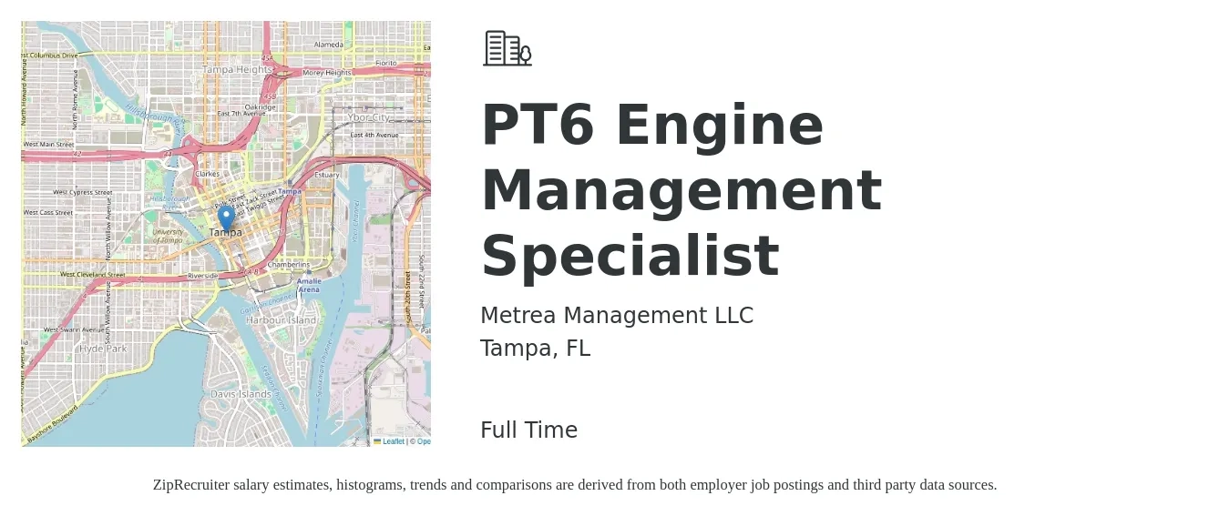 Metrea Management LLC job posting for a PT6 Engine Management Specialist in Tampa, FL with a salary of $27 to $34 Hourly with a map of Tampa location.