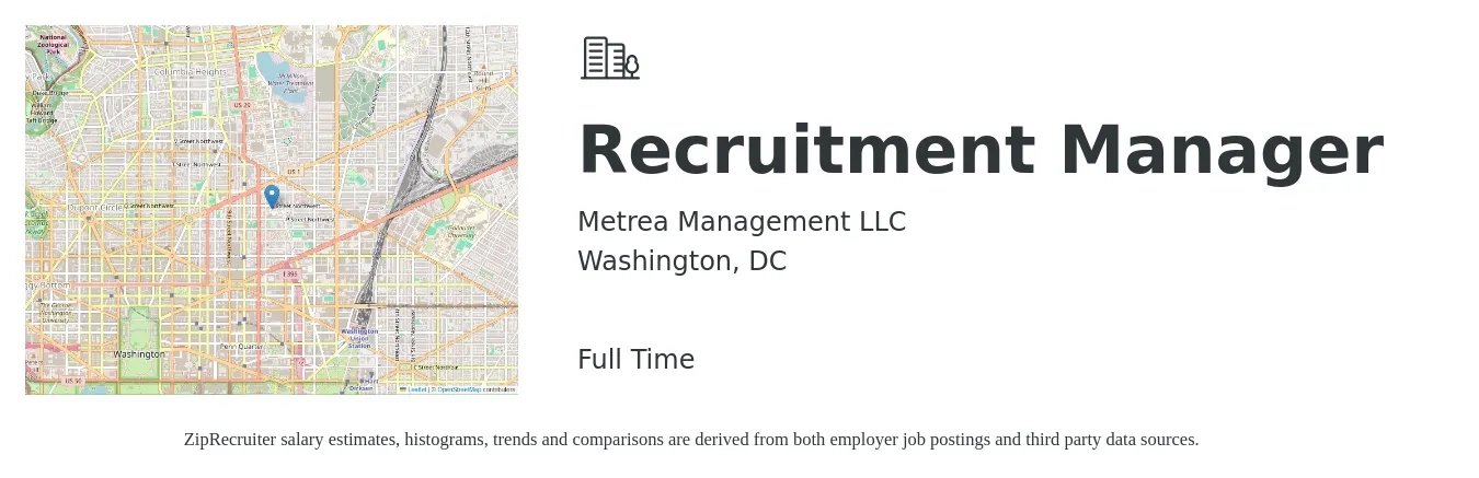 Metrea Management LLC job posting for a Recruitment Manager in Washington, DC with a salary of $58,400 to $90,500 Yearly with a map of Washington location.