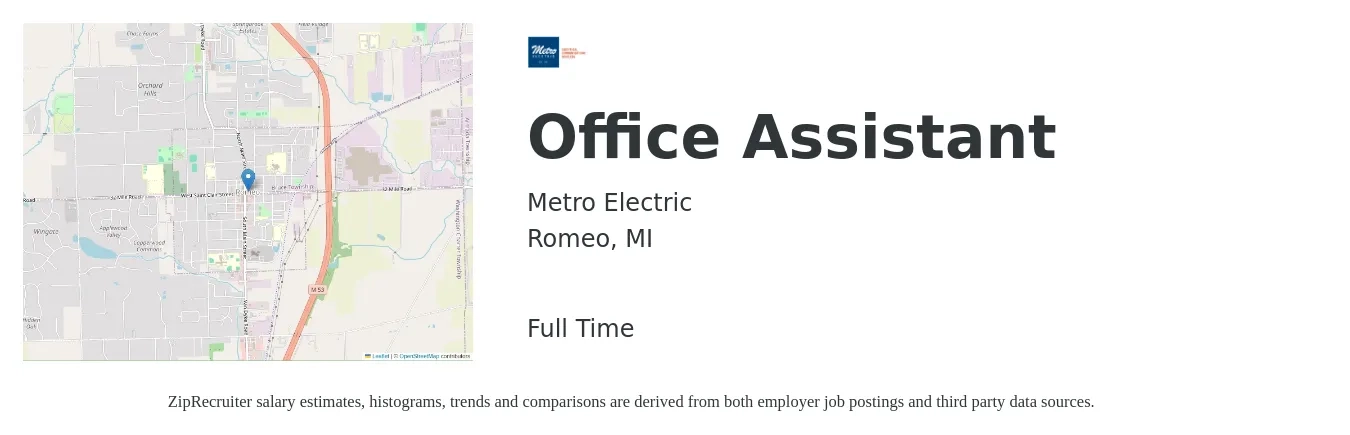 Metro Electric job posting for a Office Assistant in Romeo, MI with a salary of $20 to $24 Hourly with a map of Romeo location.