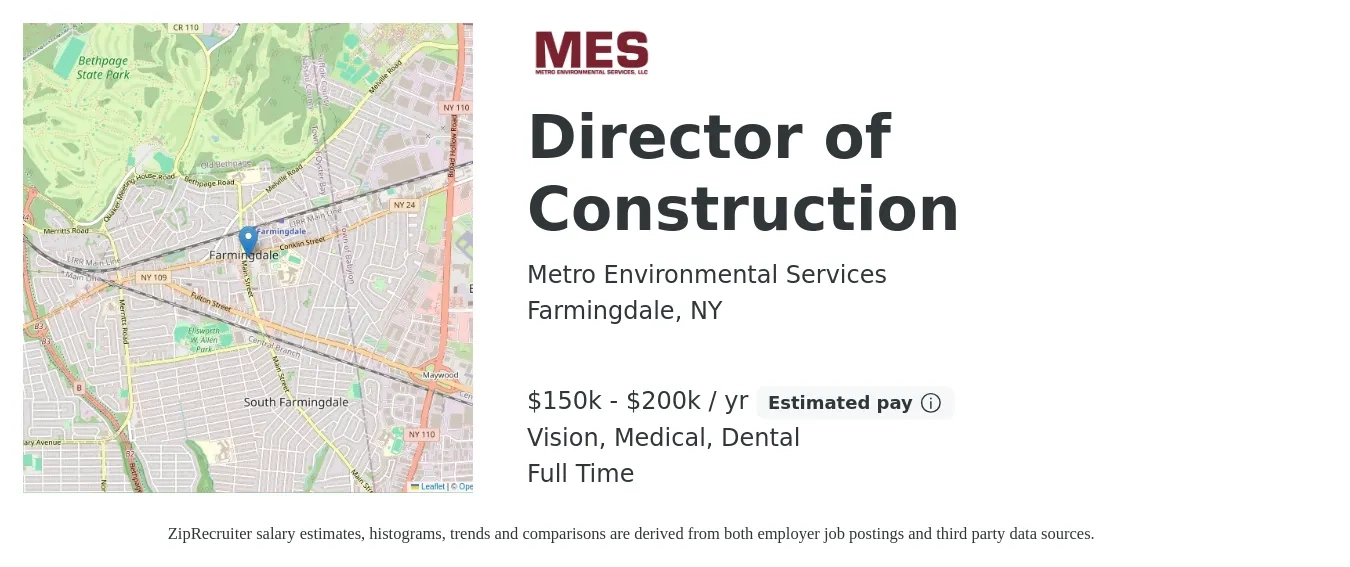 Metro Environmental Services job posting for a Director of Construction in Farmingdale, NY with a salary of $150,000 to $200,000 Yearly and benefits including dental, life_insurance, medical, retirement, and vision with a map of Farmingdale location.