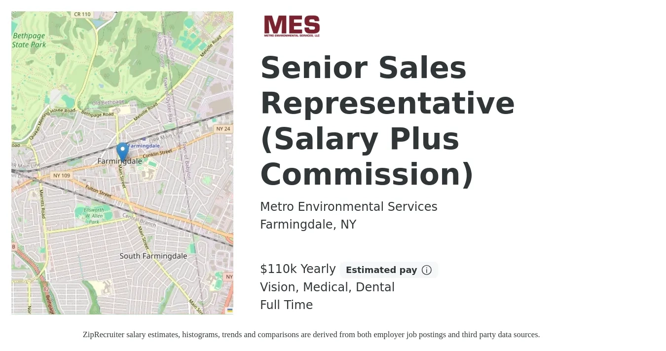 Metro Environmental Services job posting for a Senior Sales Representative (Salary Plus Commission) in Farmingdale, NY with a salary of $110,000 Yearly (plus commission) and benefits including dental, life_insurance, medical, pto, retirement, and vision with a map of Farmingdale location.