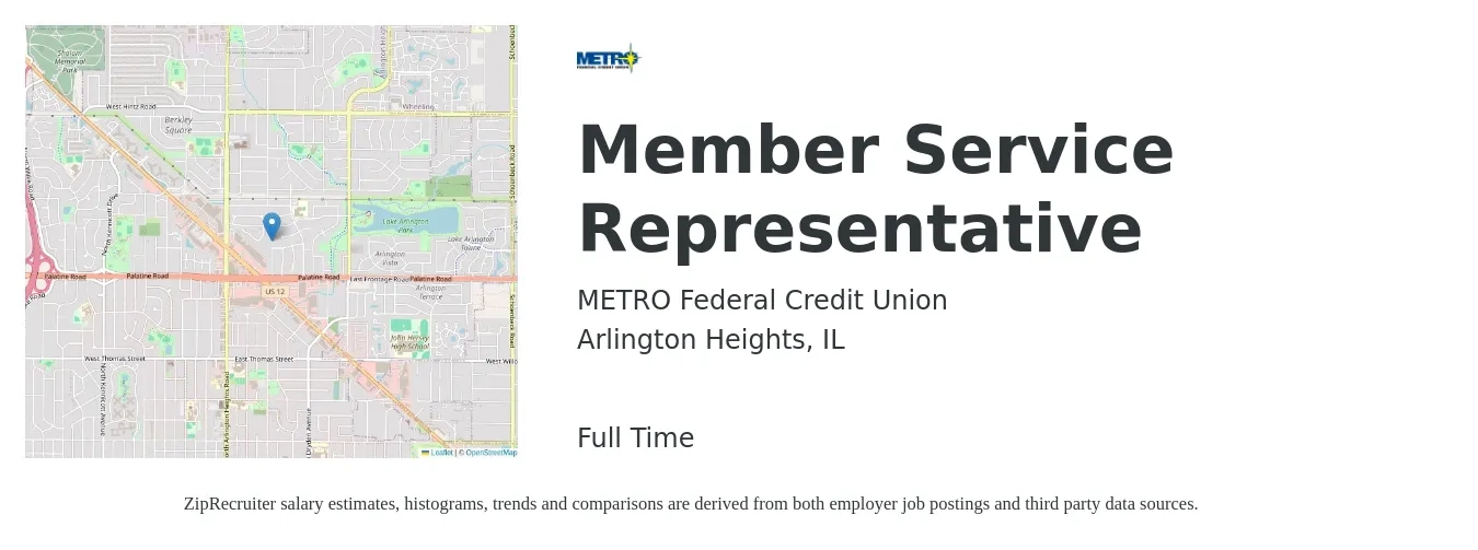 METRO Federal Credit Union job posting for a Member Service Representative in Arlington Heights, IL with a salary of $13 to $20 Hourly with a map of Arlington Heights location.