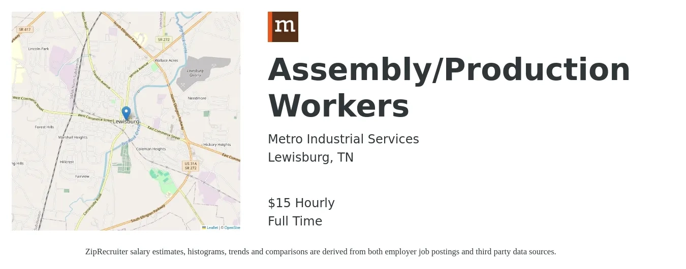 Metro Industrial Services job posting for a Assembly/Production Workers in Lewisburg, TN with a salary of $16 Hourly with a map of Lewisburg location.