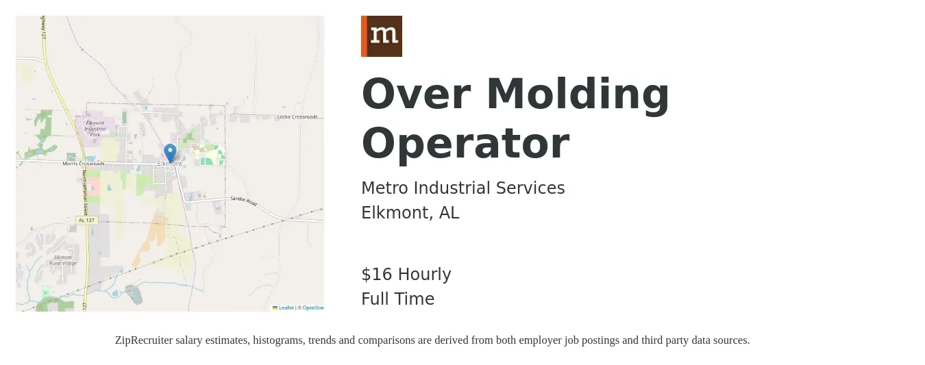 Metro Industrial Services job posting for a Over Molding Operator in Elkmont, AL with a salary of $17 Hourly with a map of Elkmont location.
